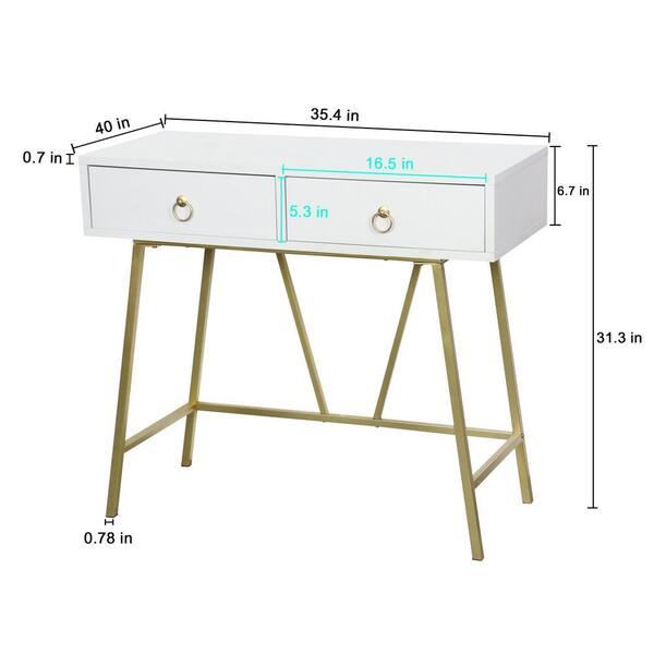 Aupodin Farmhouse Rattan 39.4 in. Retangular White/Gold Wood Computer Desk Writing Desk with 2-Drawer and Side Storage, White and Gold