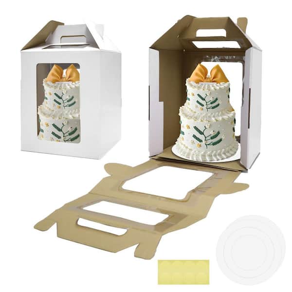 2-Piece White Tall Cake Carrier Set with Window and Handle, Disposable Layer Cake Box with Boards and Stickers
