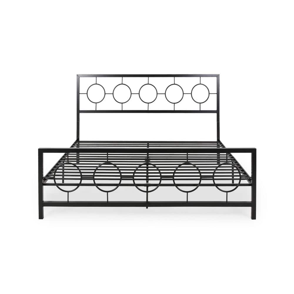Flat Black Modern Iron King Bed Frame with Circular Pattern