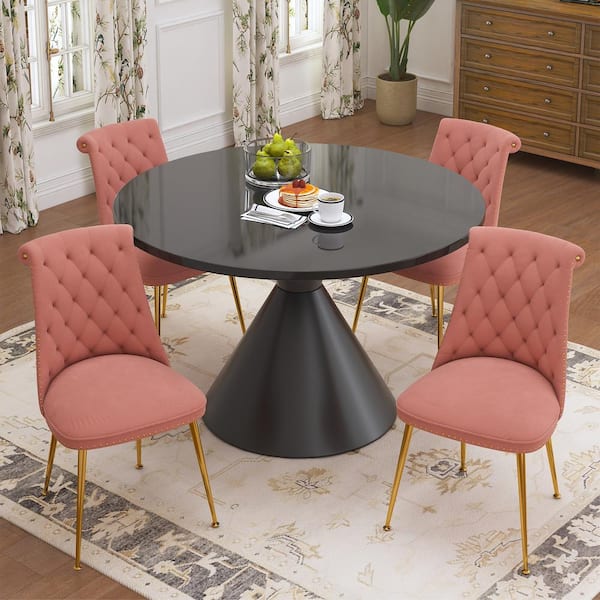 Boyel Living 5-Piece Round Black MDF Top Table Set Seats 4 (4-Pink Dining Chairs)