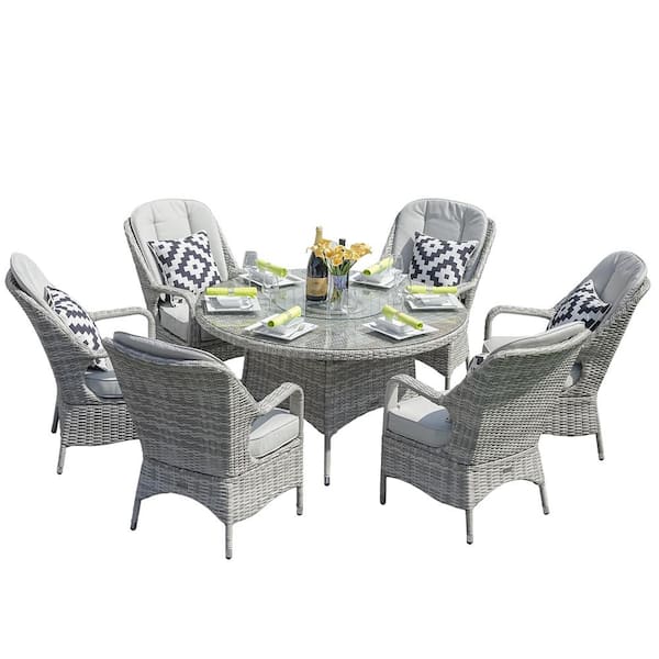 Reach Off-White 7 of Piece Wicker Round Outdoor Dining Set with Grey Cushions