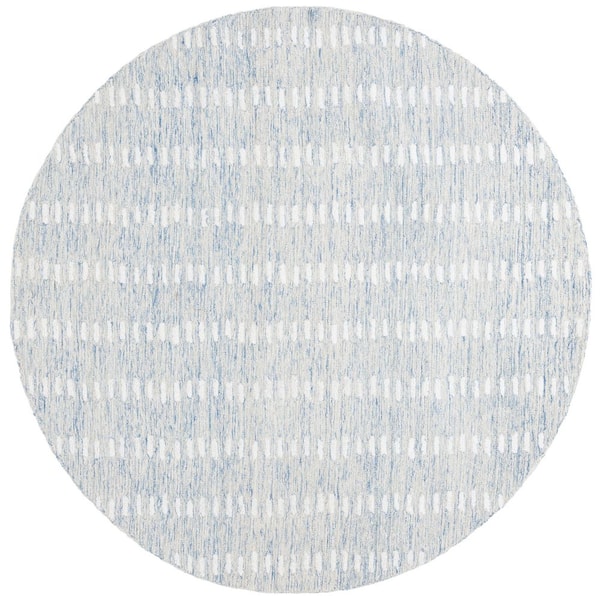 Abstract 3 ft. x 3 ft. Round Blue/Ivory Striped Stone Area Rug