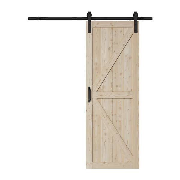 ARK DESIGN 30 in. x 84 in. Paneled K Shape Solid Core Pine Unfinished Wood Sliding Barn Door with Hardware Kit