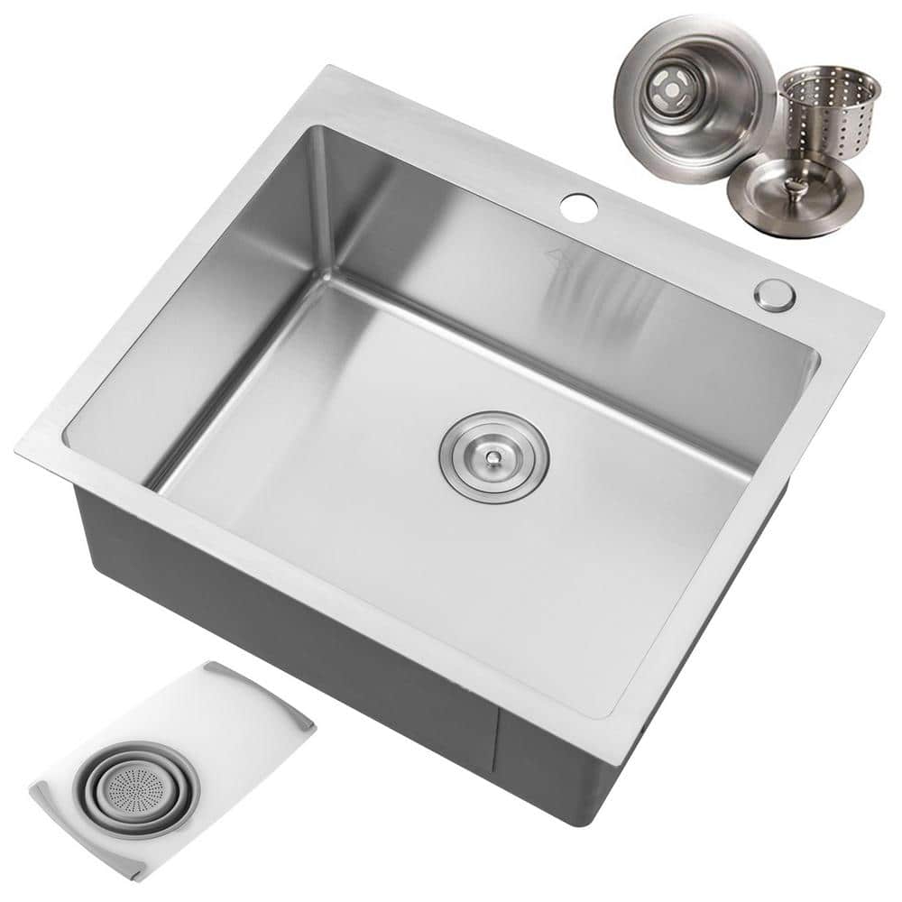 eModernDecor 16G StainlessSteel 25 in. Topmount Single Bowl DropIn