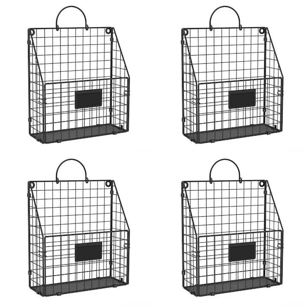 Black Hanging Wall File Holder, Metal Wall Mount Magazine Rack with Handles and Hooks for Home Office (4-Pack)