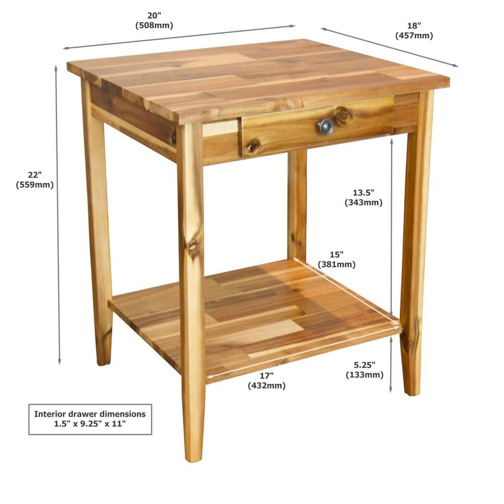 Solid Acacia Wood End Table with Drawer and Shelf