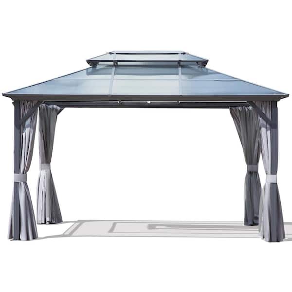 Zeus & Ruta 13 ft. x 10 ft. Gray Canopy Gazebo with Double-Tier Roof, Curtains and Nettings for Lawn, Backyard, Patio