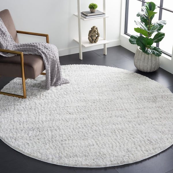 Berber Shag 10 ft. x 10 ft. Ivory/Light Gray 2-Toned Solid Round Area Rug