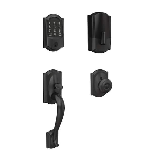 Schlage Camelot Matte Black Encode Smart WiFi Deadbolt with Alarm and Camelot Handleset, Georgian Knob, Camelot Trim