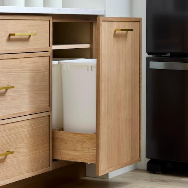 Leyton 18 in W x 24 in D x 34.5 in H Ready to Assemble Plywood Slim Shaker Double Trash Can Kitchen Cabinet in White Oak