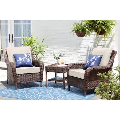 Cambridge Brown Wicker Outdoor Patio Lounge Chair with CushionGuard Almond Tan Cushions