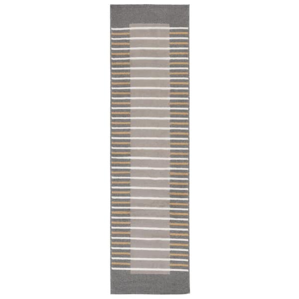 Pyramid 2 ft. x 8 ft. Gray/Ivory Gold Border Striped Solid Runner Rug
