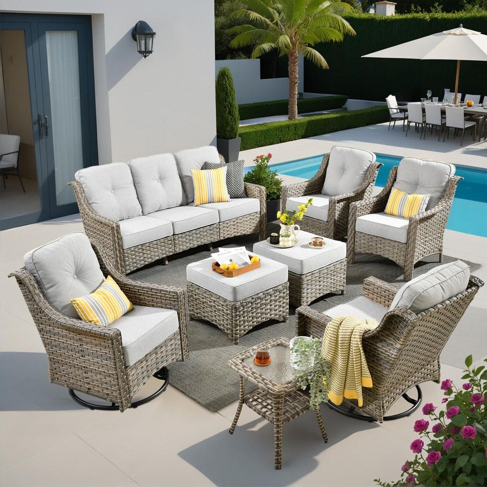 Harpera 8-Piece Outdoor Wicker Patio Conversation Sofa Seating Set With Swivel Rocker, Ottomans，Light Gray Cushions price history on PriceWatchPro