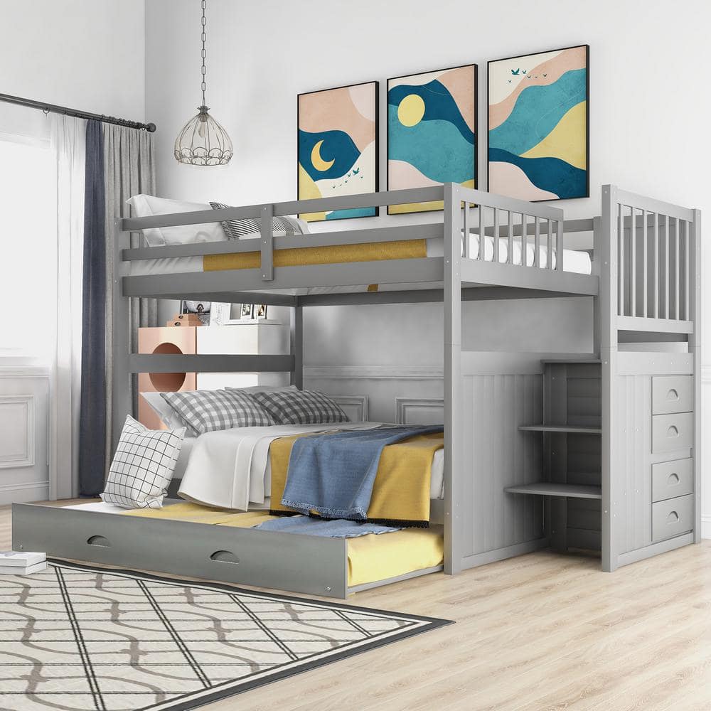 GOSALMON Gray Full Over Full Bunk Bed with Twin Size Trundle, Storage ...