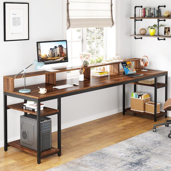BYBLIGHT Moronia 78.7 in. Rectangular Brown Engineered Wood 2-Person Computer Desk with Monitor Stand and Storage Shelves