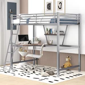 Silver Twin Size Loft Bed with L-shaped Desk and Shelf, Metal Loft Bed with Guardrails and Ladder, Kids Loft Bed Frame