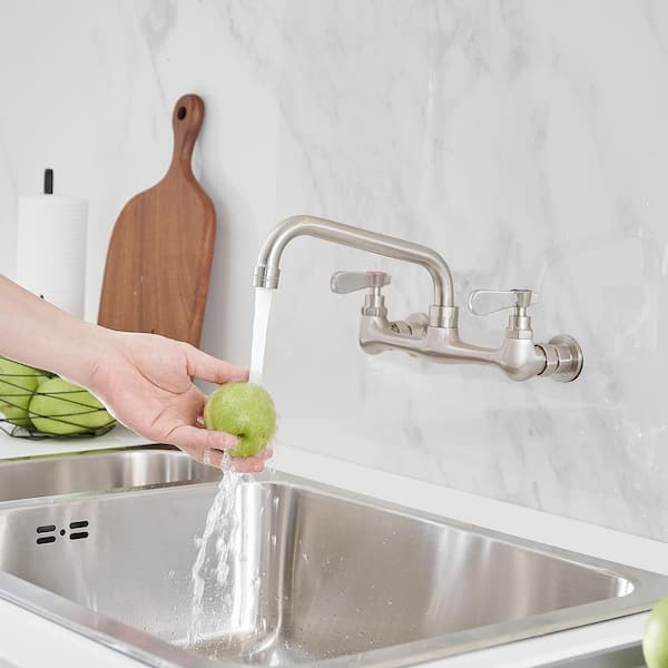 Double Handle Wall Mount with 8 in. Swivel Spout Standard Kitchen Faucet in Brushed Nickel