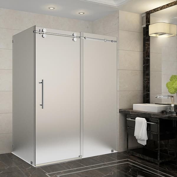 Aston Langham 56 in. - 60 in. x 33.8125 in. x 75 in. Completely Frameless Sliding Shower Enclosure, Frosted Glass in Chrome