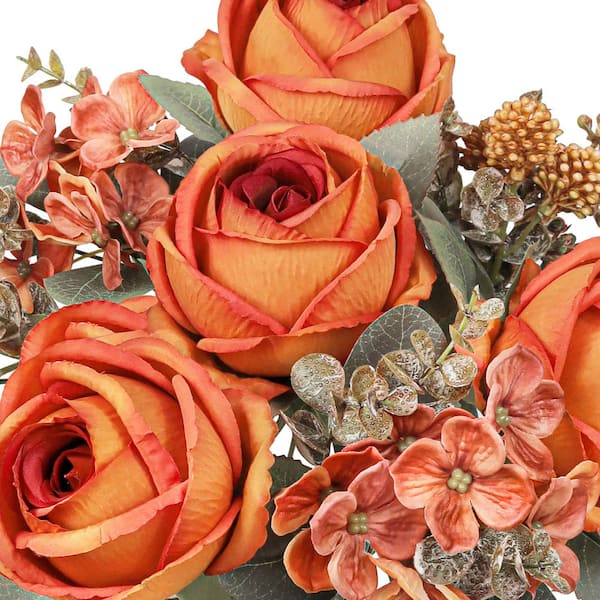 19 in. Orange Artificial Mixed Rose Hydrangea Berry Flower Stem Bush Bouquet (Set of 2)