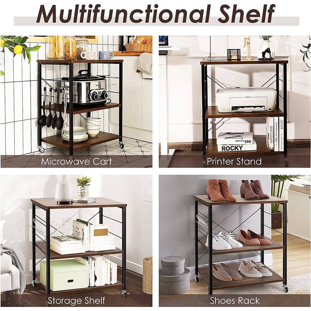3-Tier Brown Wood Kitchen Cart with 10-Hooks - thumbnail 8