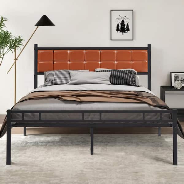 VECELO Bed Frame with PU Upholstered Headboard, Queen Platform Bedframes, Metal Slats Support No Box Spring Needed, Brown
