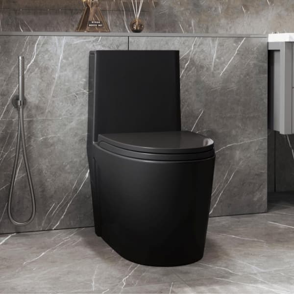 12 in. Rough-In 1.1/1.6 GPF Dual Flush 1-Piece Elongated Toilet in Matte Black with Soft Closing Seat