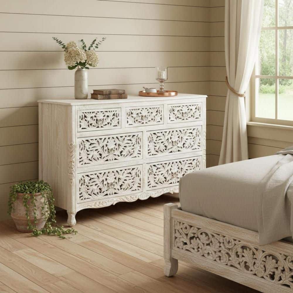White 7-drawer 57 in. Dresser with Mirror