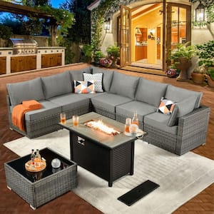 Daffodil A Gray 8-Piece Wicker Patio Rectangular Fire Pit Conversation Sofa Set with Dark Gray Cushions