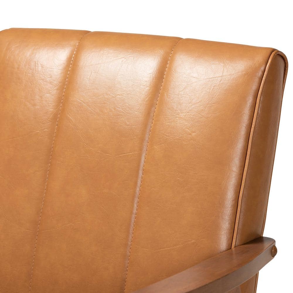 Ergonomic Mid-Century Tan Faux Leather & Walnut Wood Accent Chair
