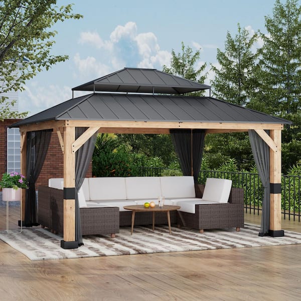 13 ft. x 11 ft. Wood Patio Gazebo with Double Galvanized Steel Roof And Mosquito Netting, Privacy Curtains