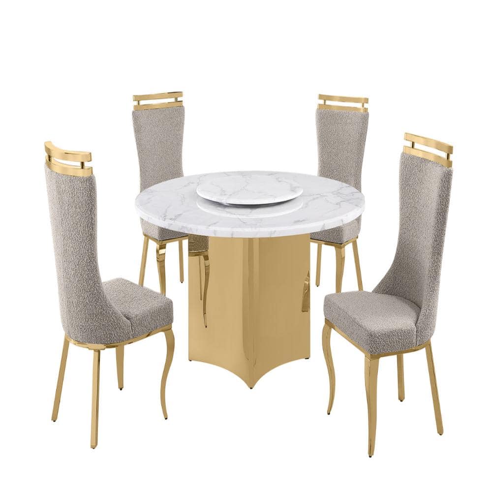 Camryn 5-Piece Round White Marble Top With Lazy Susan Gold Stainless Steel Base Dining Set With 4 Grey Chairs price history on PriceWatchPro