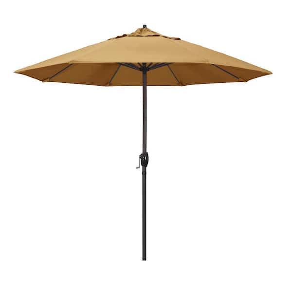 California Umbrella 9 ft. Bronze Aluminum Pole Market Aluminum Ribs Auto Tilt Crank Lift Patio Umbrella in Wheat Sunbrella