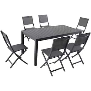 Naples 7-Piece Aluminum Outdoor Dining Set with 6-Sling Folding Chairs in Gray and a 63 in. x 35 in. Dining Table