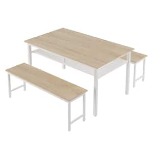 3-Piece Farmhouse White Oak MDF Kitchen Dining Table Set with 2 Benches for Home Kitchen, Dining Room (Seats 4)