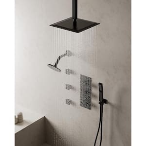 Thermostatic Valve 8-Spray 12 in. and 6 in. Ceiling Mount Dual Shower Head and Handheld Shower in Matte Black