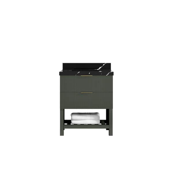 Willow Collections Catalina 30 in. Freestanding Pewter Green Bath Vanity with Calacatta Black Qt. Top Unassembled