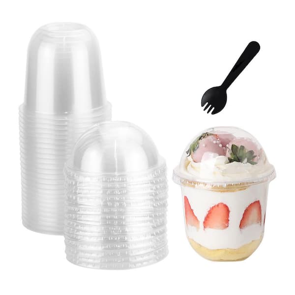 Disposable 12 in. Clear Plastic Cups Dome Lids No Hole Transparent White Family Dessert Tableware 50 Pack Case
