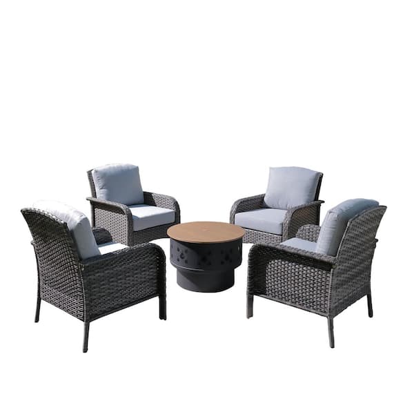 Denali Gray 5-Piece Wicker Outdoor Patio Conversation Chair Set with a Wood-Burning Fire Pit and Light Gray Cushions