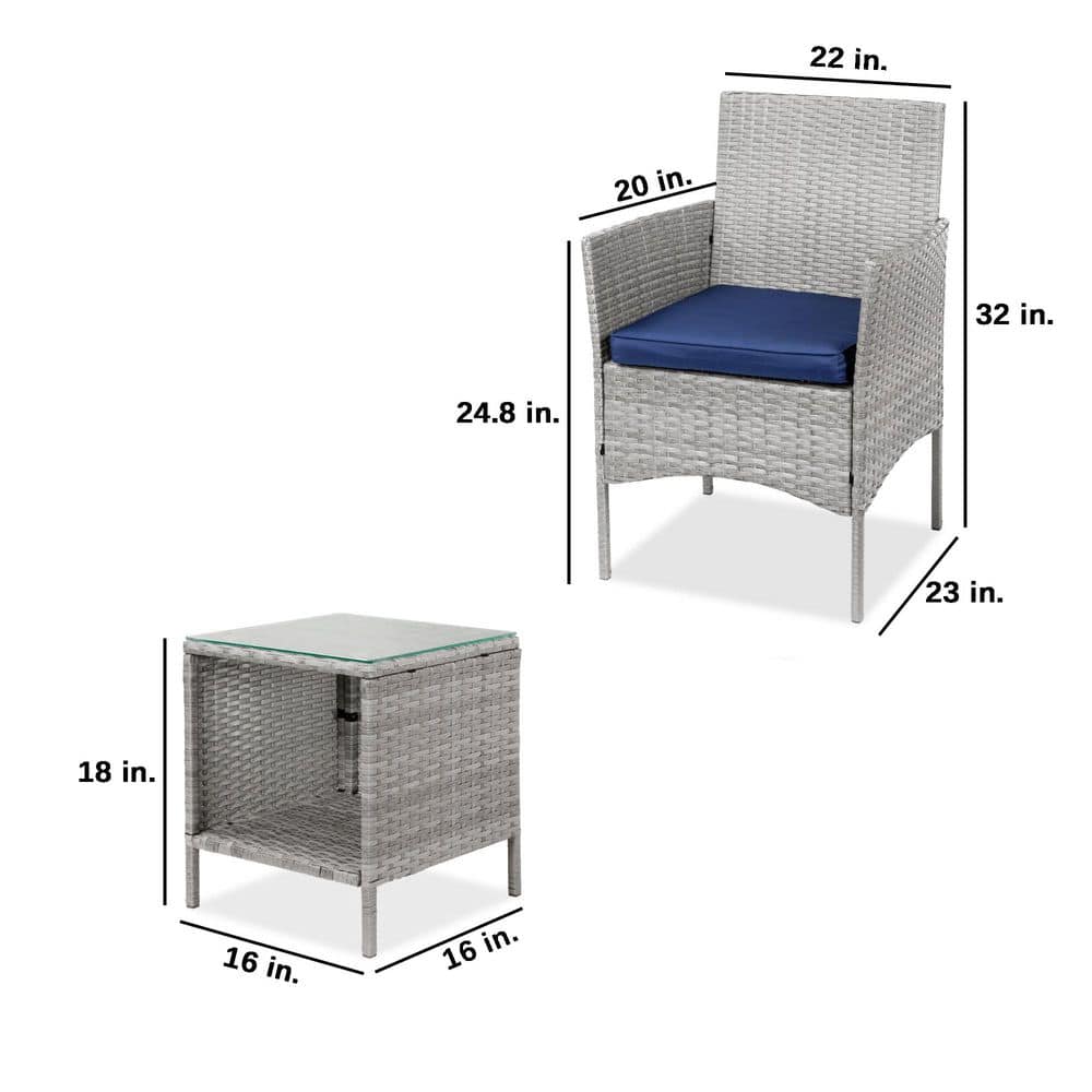 Gray Wicker 3-Piece Patio Bistro Set with Navy Cushions