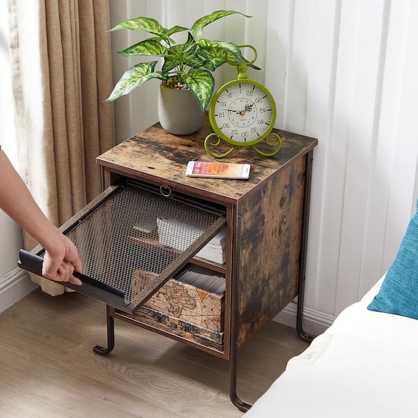 Rectangle Vintage Nightstand End/Side Table with Storage Box, STable Frame, Brown, 23.6 H x15.7 D x 15.7 W