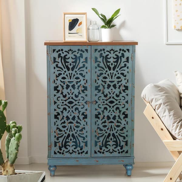 PHI VILLA Bluish Grey Hollow-Carved Tall Cabinet with 2-Door
