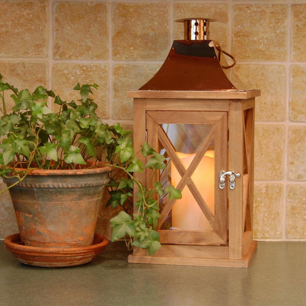Natural Wood Hanging Lantern with Copper Roof and LED Candle