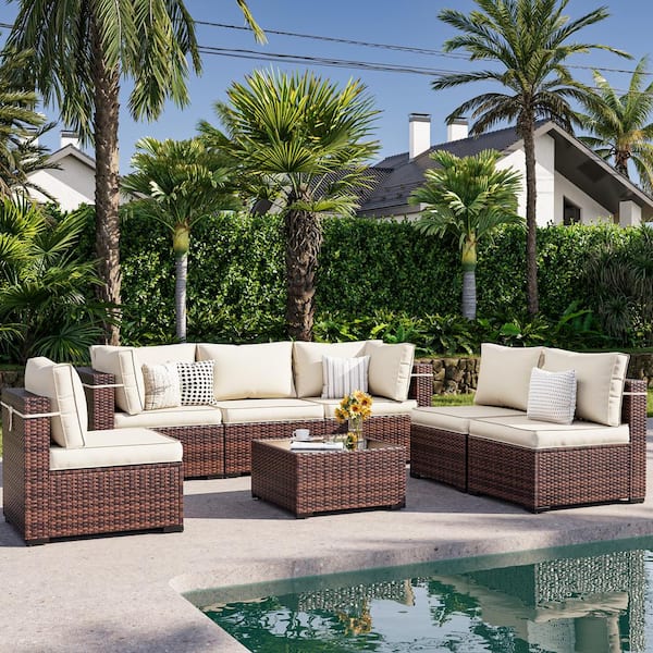 Poteban 7-Piece Wicker Patio Conversation Sectional Seating Set with Cream Cushions