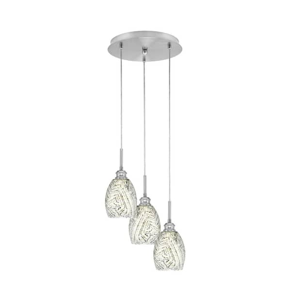 Unbranded Savannah 11.25 in. 3-Light Brushed Nickel Cord Pendant Light Natural Fusion Glass Shade