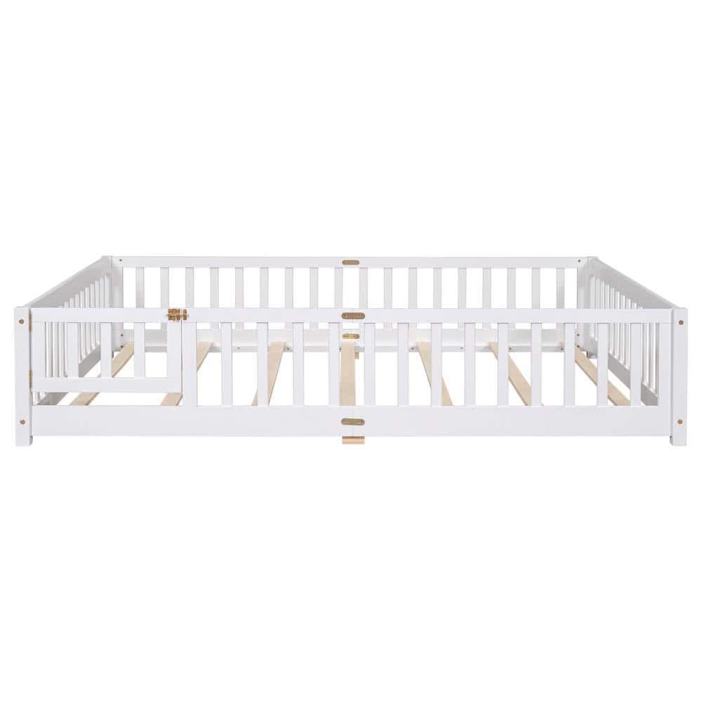 wetiny White Wood Frame Queen Platform Bed with Fence Guardrails and ...