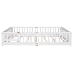 White Wood Frame Queen Platform Bed with Fence Guardrails and Door