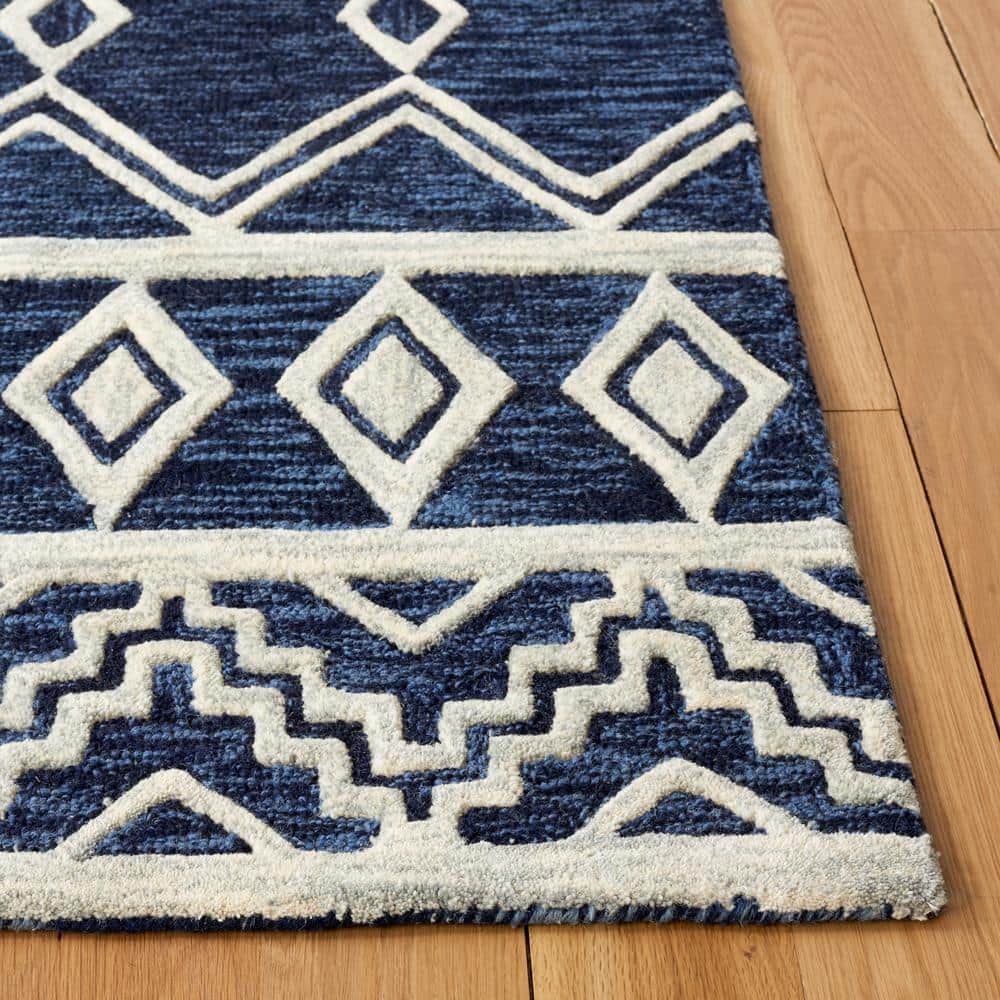 Ivory and Navy Tufted Wool Abstract Square Rug