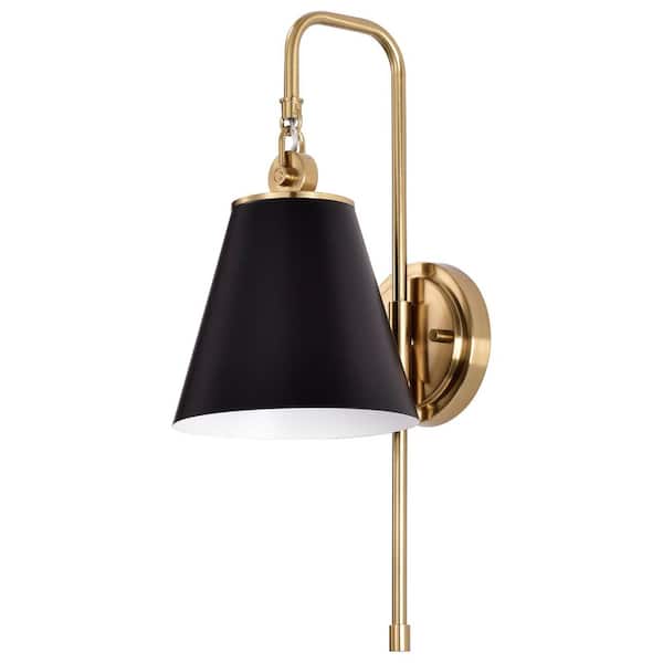 Dover 1-Light 7 in. Black / Vintage Brass Wall Sconce with Black Metal Shade