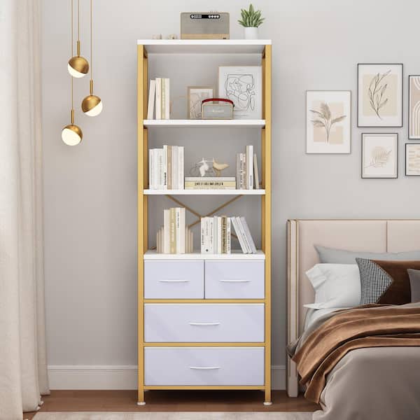 Winado 68.5 in. Tall White Particle Board Wood 6-Shelf Etagere Bookcase with 4-Drawers, Storage