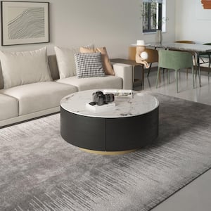 33 in. Black Round Marble Top Coffee Table with Storage